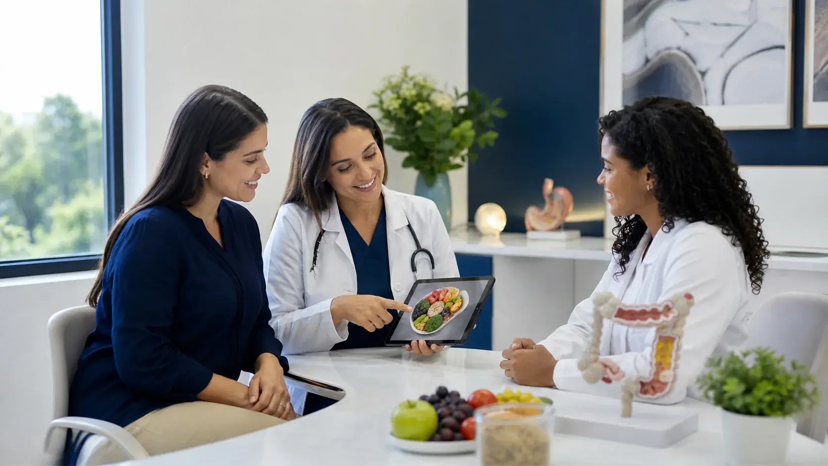 Equipo médico orientando un programa integral de peso y salud digestiva